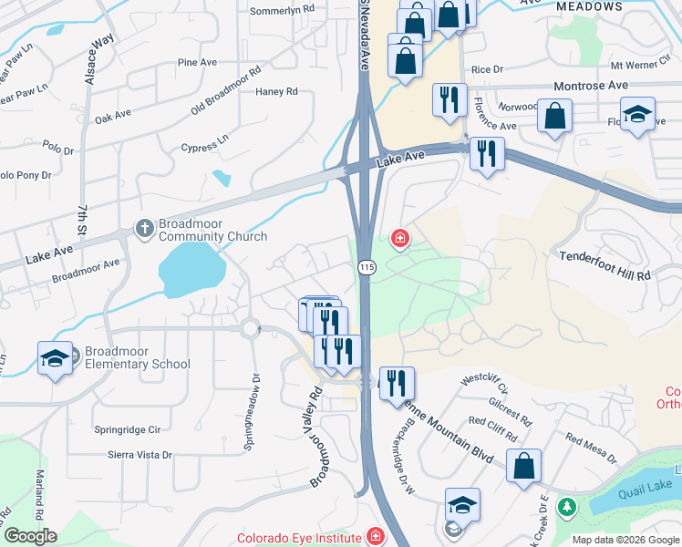 map of restaurants, bars, coffee shops, grocery stores, and more near 2730 Ashgrove Street in Colorado Springs