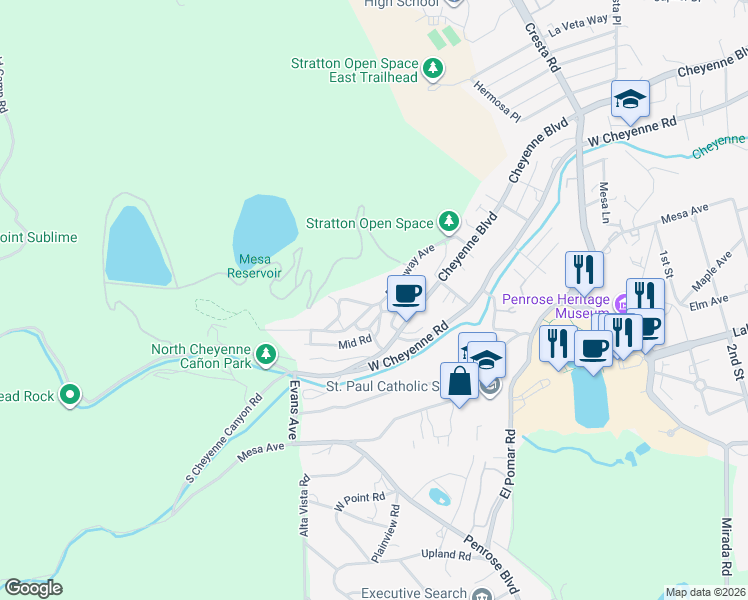 map of restaurants, bars, coffee shops, grocery stores, and more near 1808 Mid Place in Colorado Springs