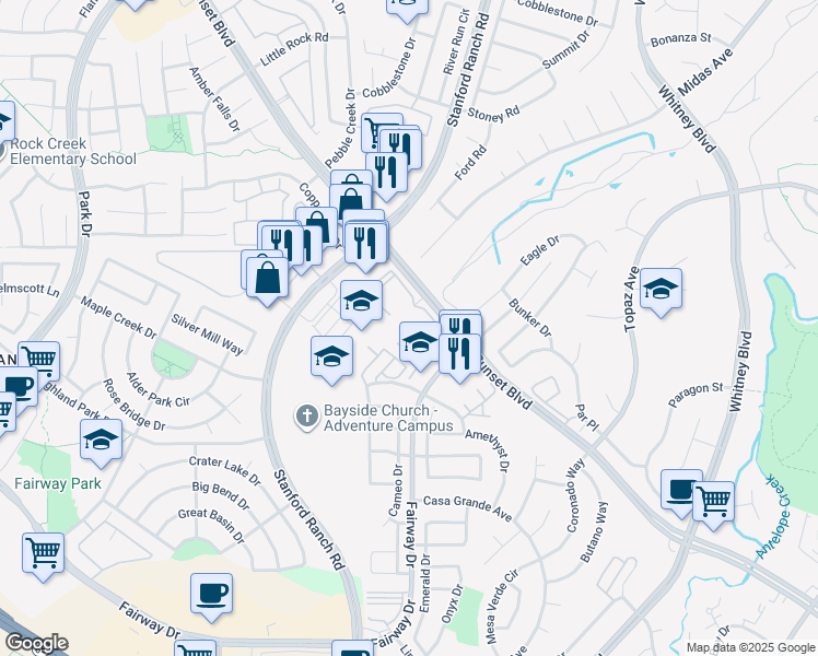 map of restaurants, bars, coffee shops, grocery stores, and more near 2808 Beachcomber Drive East in Rocklin