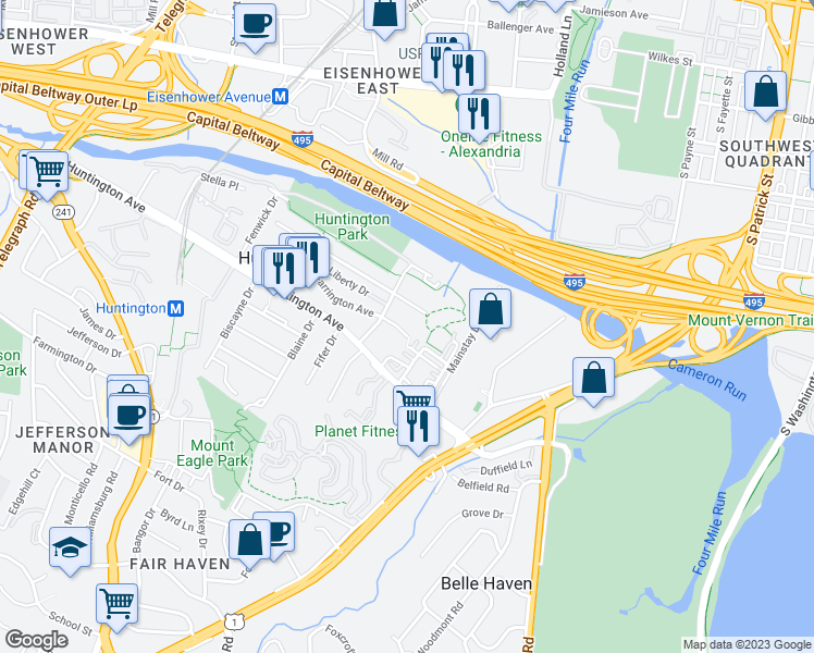 map of restaurants, bars, coffee shops, grocery stores, and more near 2106 Farrington Avenue in Alexandria