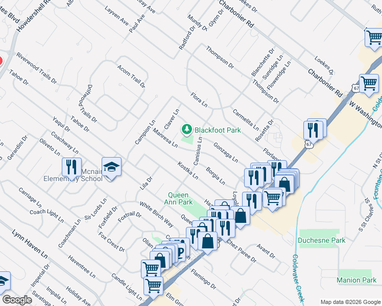 map of restaurants, bars, coffee shops, grocery stores, and more near 985 Kostka Lane in Florissant