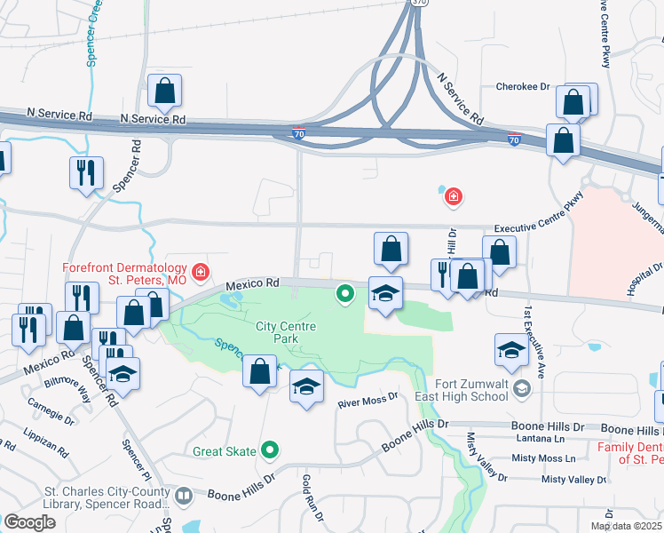 map of restaurants, bars, coffee shops, grocery stores, and more near 5252 Mexico Road in St. Peters