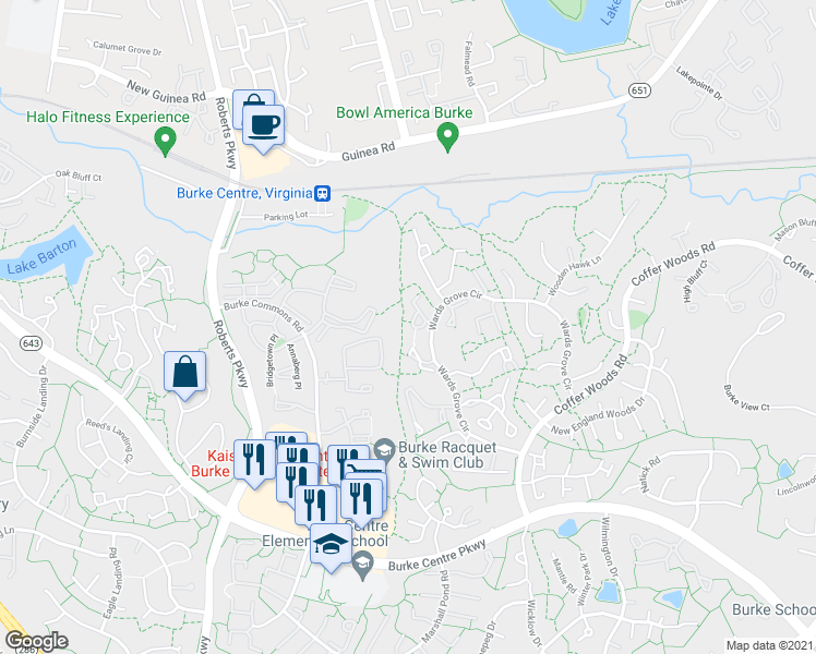 map of restaurants, bars, coffee shops, grocery stores, and more near 5828 Wood Poppy Court in Burke