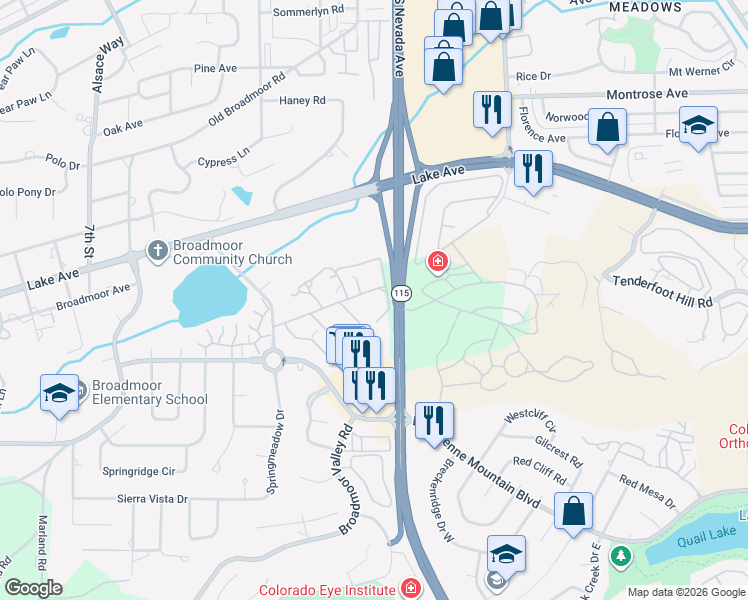 map of restaurants, bars, coffee shops, grocery stores, and more near 2730 Ashgrove Street in Colorado Springs