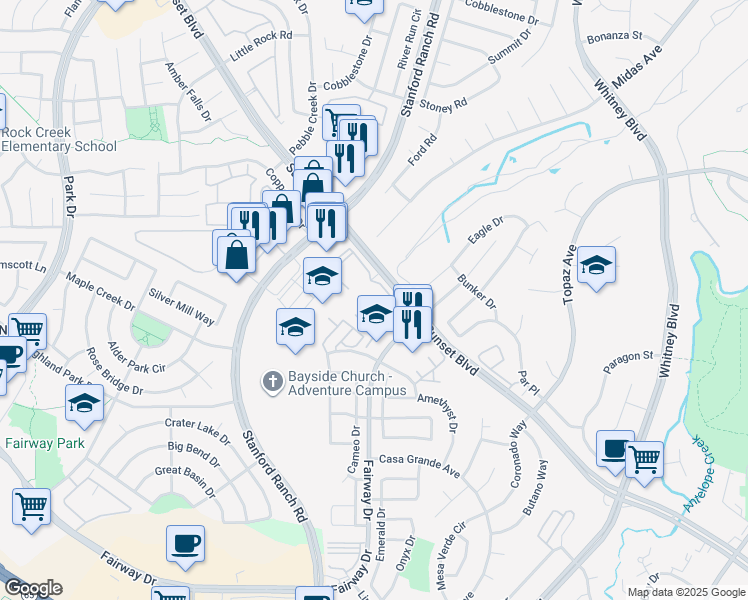 map of restaurants, bars, coffee shops, grocery stores, and more near 2903 Beachcomber Drive East in Rocklin