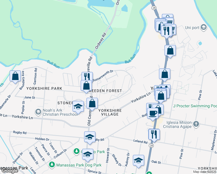 map of restaurants, bars, coffee shops, grocery stores, and more near 7495 Prince Charles Court in Manassas