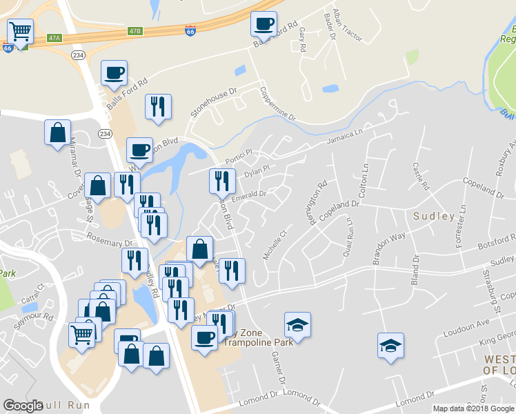 map of restaurants, bars, coffee shops, grocery stores, and more near 7409 Rokeby Drive in Manassas