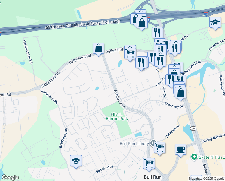map of restaurants, bars, coffee shops, grocery stores, and more near 7579 Margate Court in Manassas