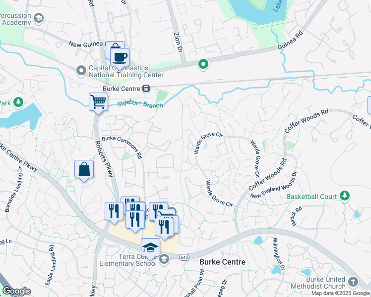 map of restaurants, bars, coffee shops, grocery stores, and more near 5828 Wood Poppy Court in Burke