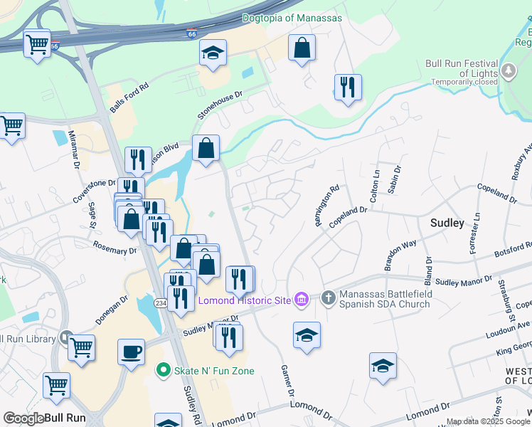 map of restaurants, bars, coffee shops, grocery stores, and more near 7409 Rokeby Drive in Manassas