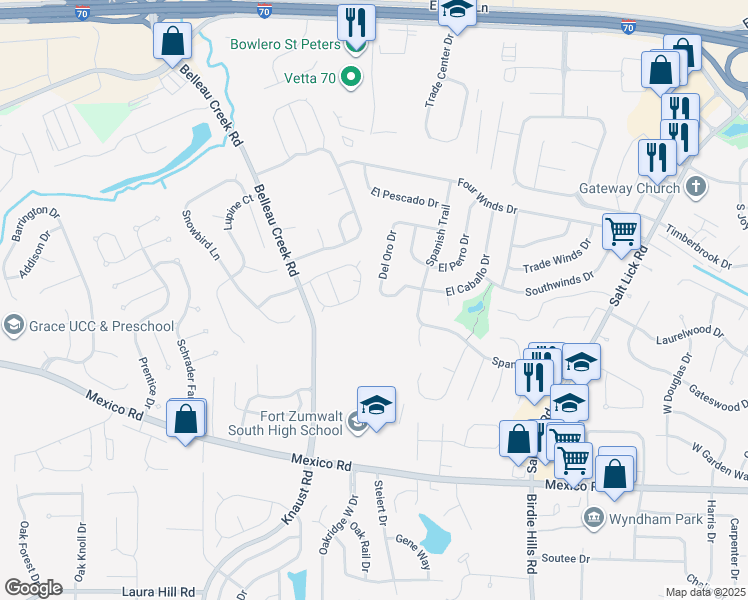 map of restaurants, bars, coffee shops, grocery stores, and more near 119 El Caballo Drive in Saint Peters