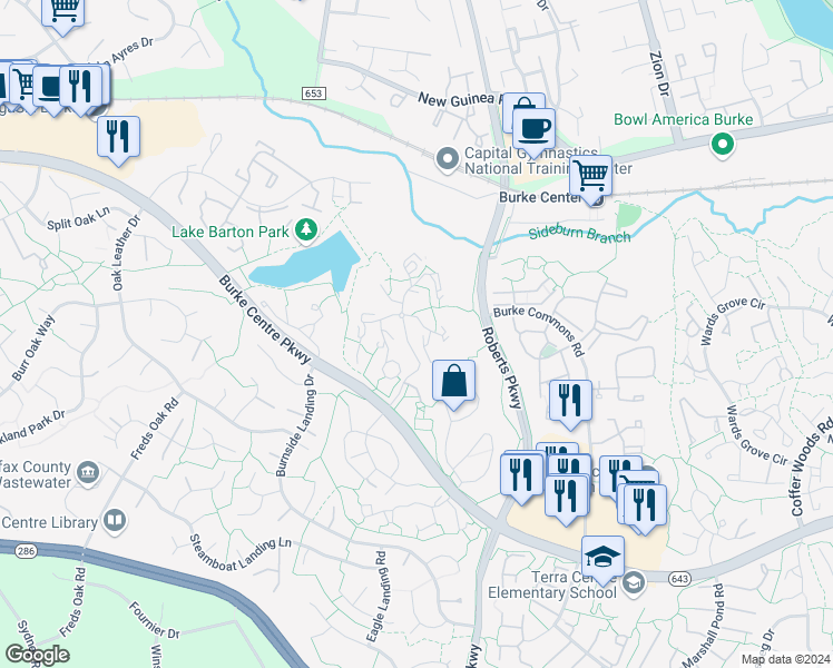 map of restaurants, bars, coffee shops, grocery stores, and more near 5835 Cove Landing Road in Burke