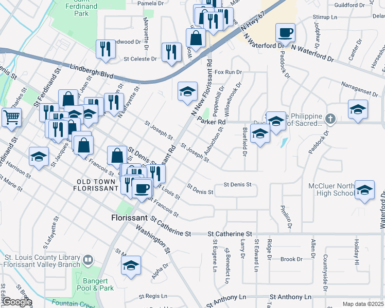 map of restaurants, bars, coffee shops, grocery stores, and more near 920 North Castello Street in Florissant