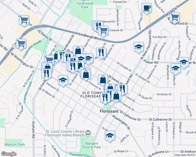 map of restaurants, bars, coffee shops, grocery stores, and more near 764 Rue Saint Louis Street in Florissant