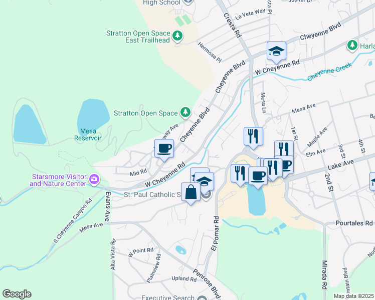 map of restaurants, bars, coffee shops, grocery stores, and more near 5 Normandy Circle in Colorado Springs