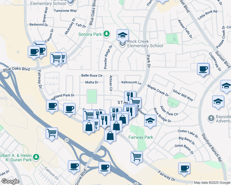 map of restaurants, bars, coffee shops, grocery stores, and more near 149 Lochness Court in Roseville