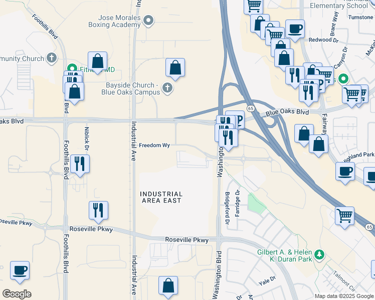 map of restaurants, bars, coffee shops, grocery stores, and more near 8875 Washington Boulevard in Roseville