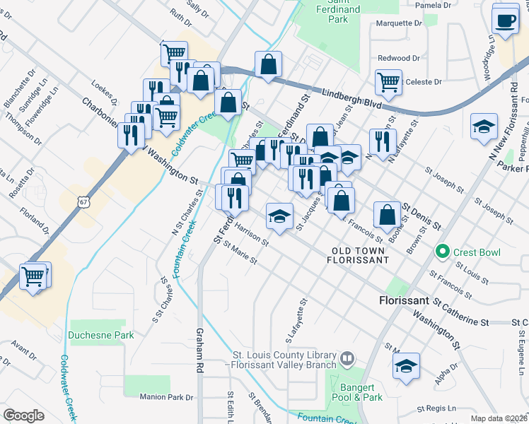 map of restaurants, bars, coffee shops, grocery stores, and more near 300 Washington Street in Florissant