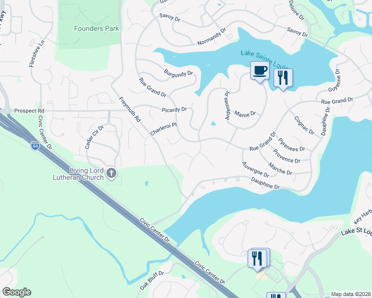 map of restaurants, bars, coffee shops, grocery stores, and more near 1 Nantua Court in Lake Saint Louis