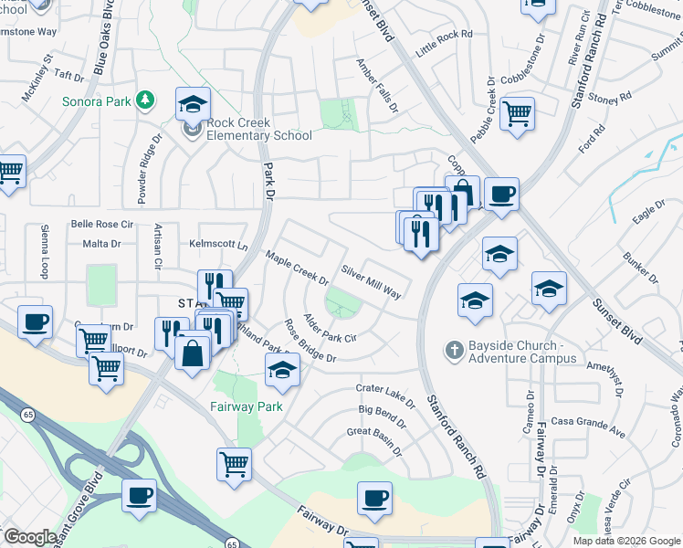map of restaurants, bars, coffee shops, grocery stores, and more near 6729 Silver Mill Way in Roseville