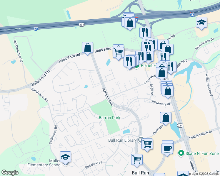 map of restaurants, bars, coffee shops, grocery stores, and more near 11028 Hiram Court in Manassas
