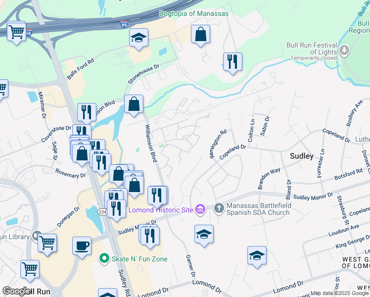 map of restaurants, bars, coffee shops, grocery stores, and more near 7378 Rokeby Drive in Manassas