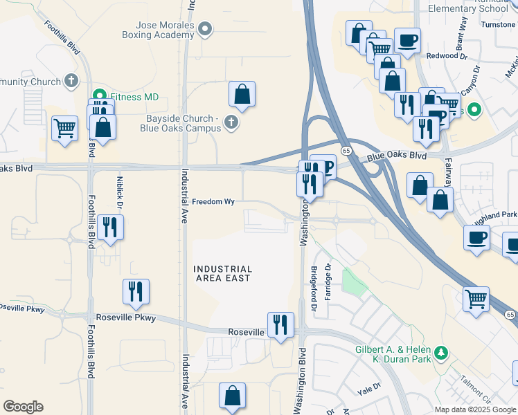 map of restaurants, bars, coffee shops, grocery stores, and more near 2001 Freedom Way in Roseville