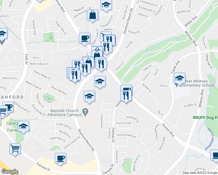 map of restaurants, bars, coffee shops, grocery stores, and more near 709 Horizon Cove in Rocklin
