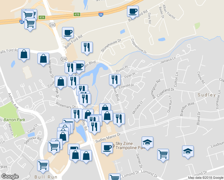 map of restaurants, bars, coffee shops, grocery stores, and more near 10607 Lockerbie Way in Manassas