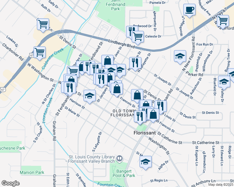 map of restaurants, bars, coffee shops, grocery stores, and more near 560 North Jefferson Street in Florissant