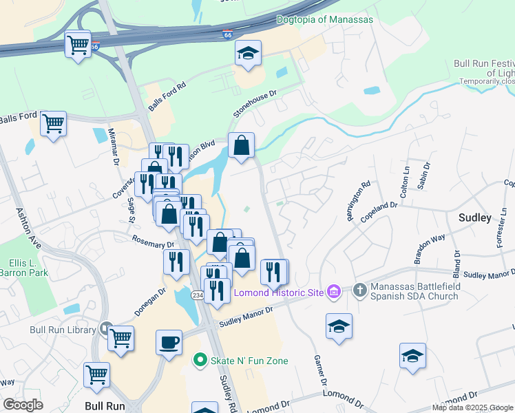 map of restaurants, bars, coffee shops, grocery stores, and more near 10607 Lockerbie Way in Manassas