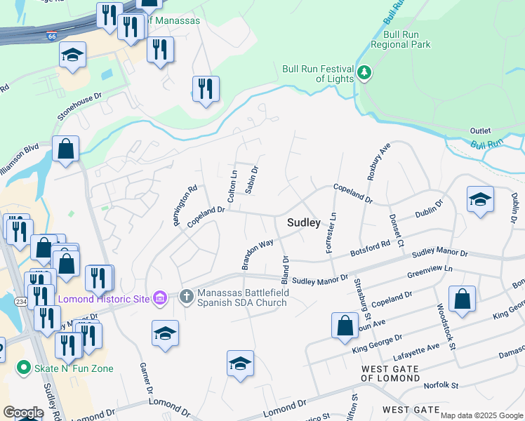 map of restaurants, bars, coffee shops, grocery stores, and more near 10114 Copeland Drive in Manassas