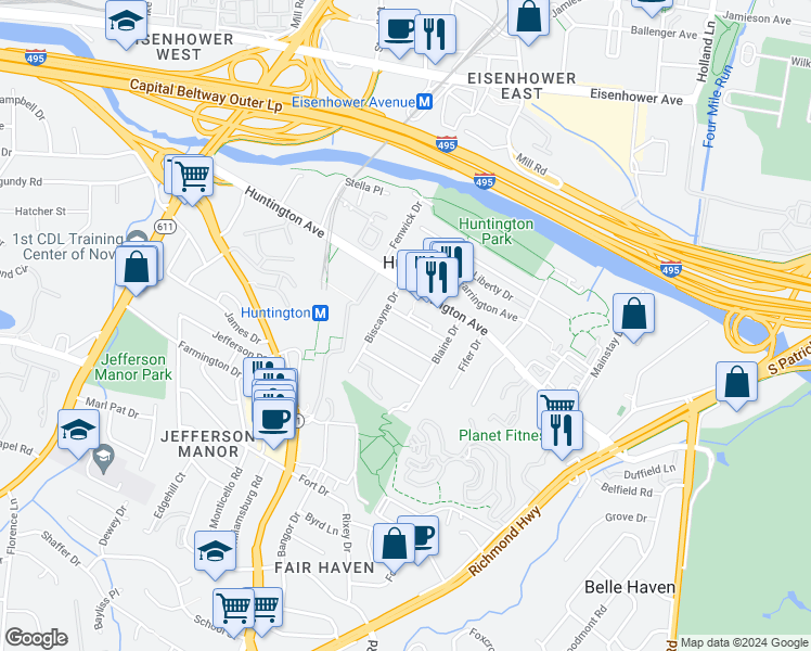 map of restaurants, bars, coffee shops, grocery stores, and more near 2329 Glendale Terrace in Alexandria