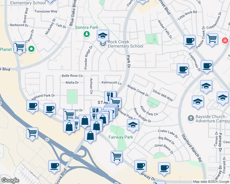 map of restaurants, bars, coffee shops, grocery stores, and more near 108 Greenwood Court in Roseville