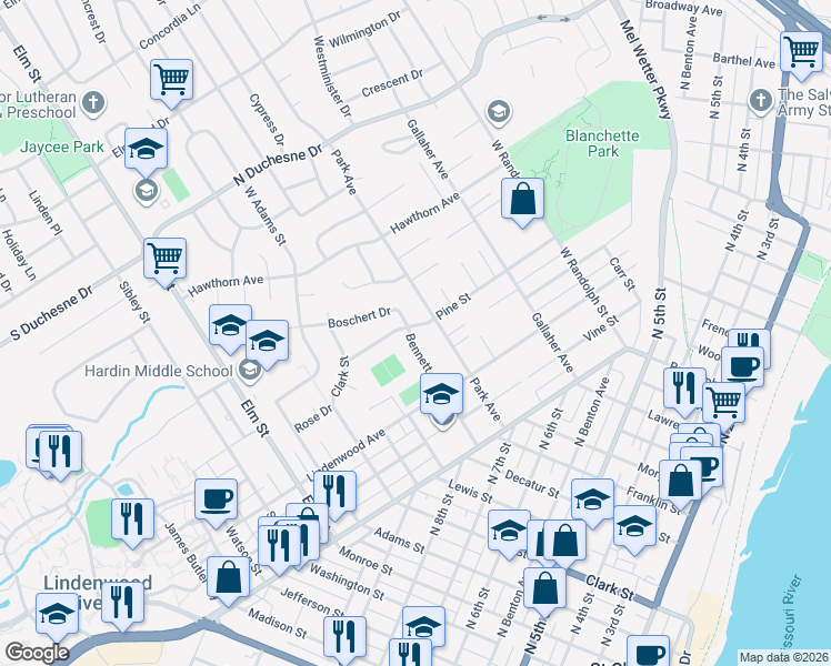 map of restaurants, bars, coffee shops, grocery stores, and more near 720 Pine Street in Saint Charles