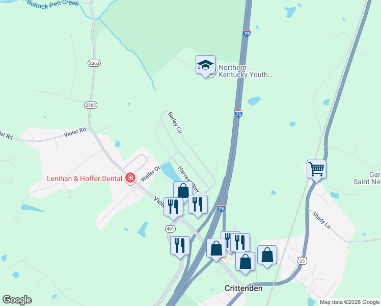 map of restaurants, bars, coffee shops, grocery stores, and more near 385 Barley Circle in Crittenden