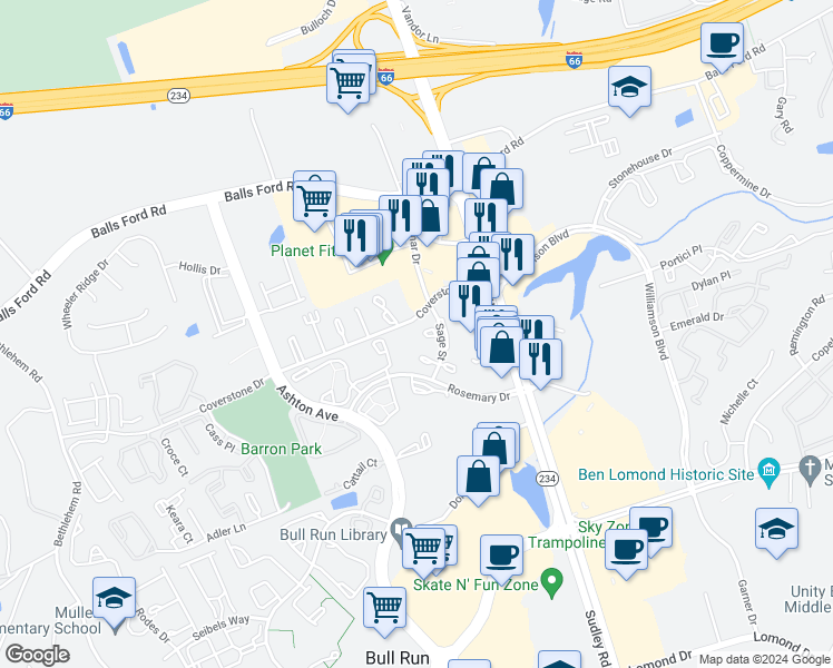 map of restaurants, bars, coffee shops, grocery stores, and more near 10820 Violet Court in Manassas