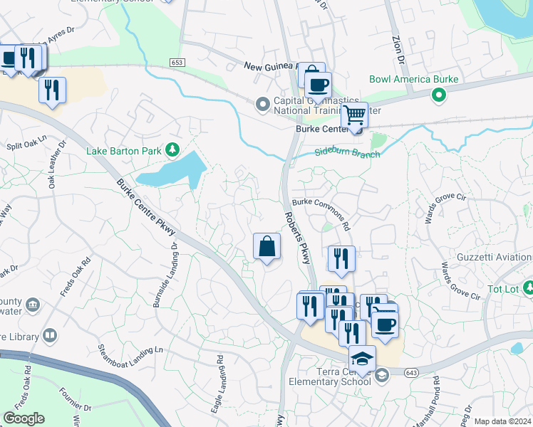 map of restaurants, bars, coffee shops, grocery stores, and more near 5827 Cove Landing Road in Burke