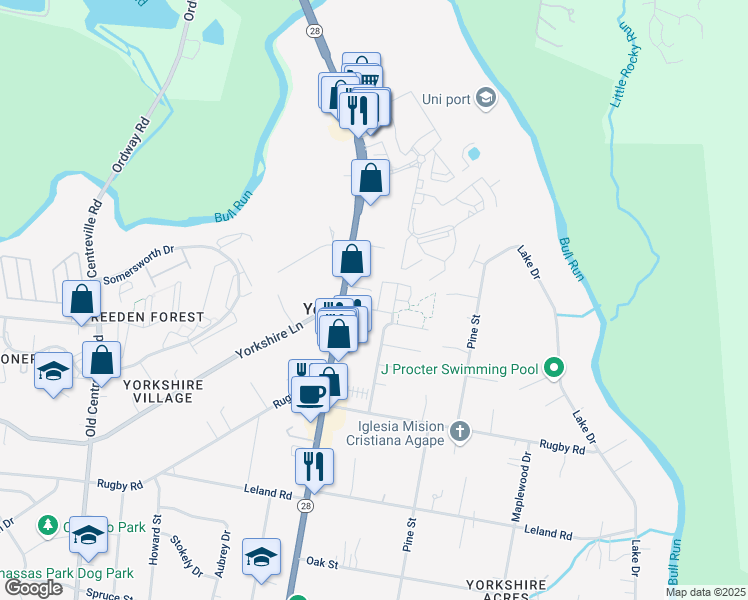 map of restaurants, bars, coffee shops, grocery stores, and more near 7476 Riding Meadow Way in Manassas