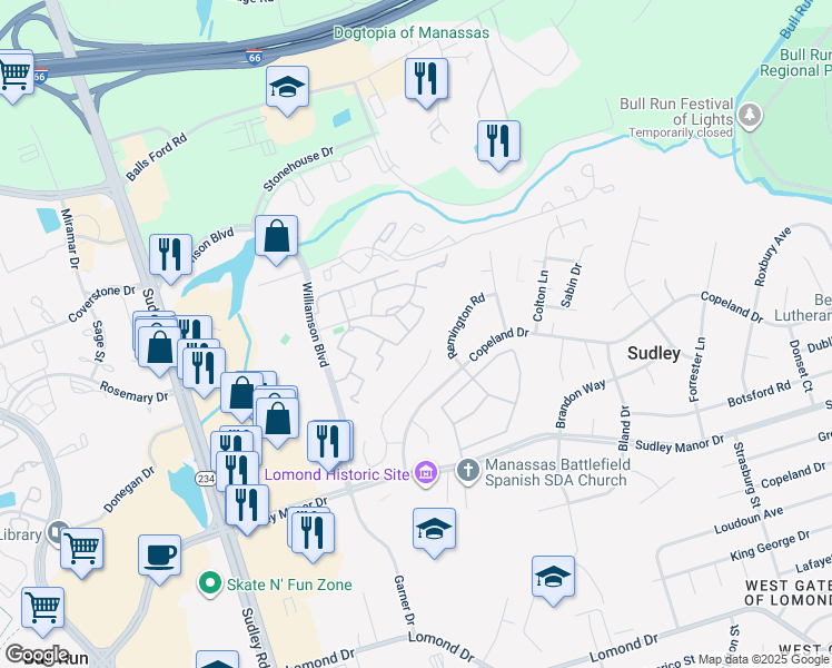 map of restaurants, bars, coffee shops, grocery stores, and more near 7345 Rokeby Drive in Manassas