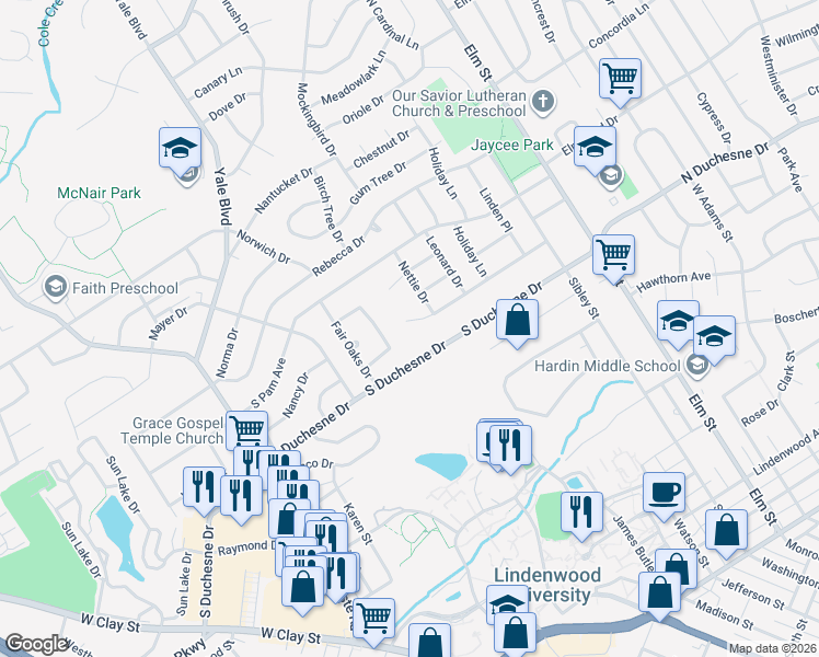 map of restaurants, bars, coffee shops, grocery stores, and more near 405 South Duchesne Drive in Saint Charles