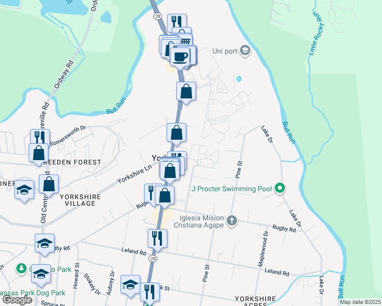 map of restaurants, bars, coffee shops, grocery stores, and more near 7465 Riding Meadow Way in Manassas