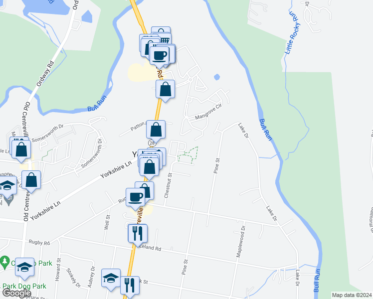 map of restaurants, bars, coffee shops, grocery stores, and more near 7382 Riding Meadow Way in Manassas