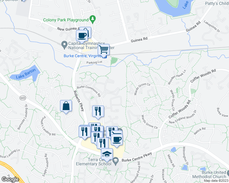 map of restaurants, bars, coffee shops, grocery stores, and more near 5812 Chase Commons Court in Burke