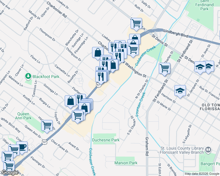 map of restaurants, bars, coffee shops, grocery stores, and more near 5 Bruce Drive in Florissant