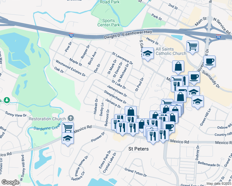 map of restaurants, bars, coffee shops, grocery stores, and more near 23 Jamestown Drive in St. Peters