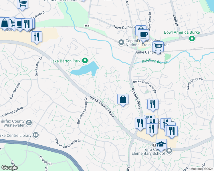 map of restaurants, bars, coffee shops, grocery stores, and more near 5942 Cove Landing Road in Burke