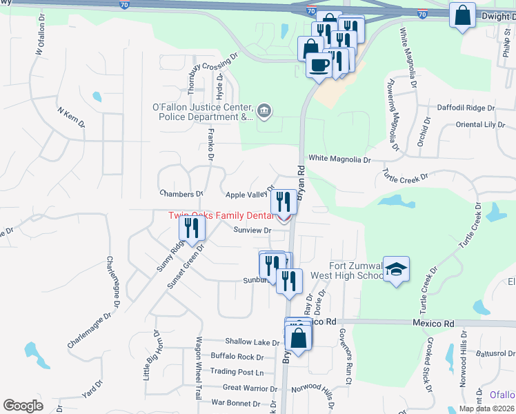 map of restaurants, bars, coffee shops, grocery stores, and more near 116 Amberway Court in O'Fallon