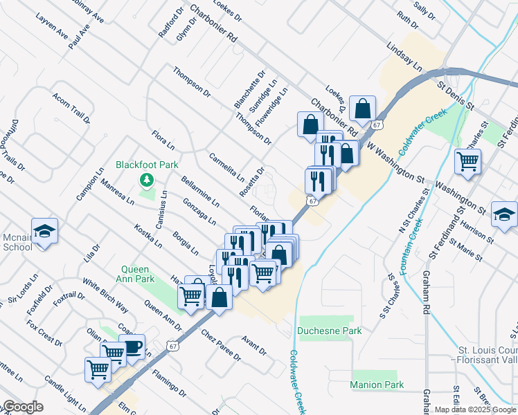 map of restaurants, bars, coffee shops, grocery stores, and more near 685 Florland Drive in Florissant