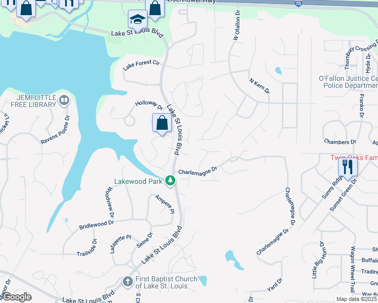 map of restaurants, bars, coffee shops, grocery stores, and more near 604 Blue Cove Terrace in Lake Saint Louis